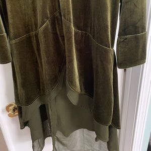 Full length olive green velvet duster w/chiffon staggering heights at botto